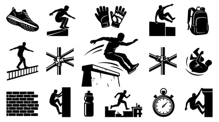 Obraz premium Parkour Icons: Athlete Silhouettes Jumping, Climbing, and Training with Gear