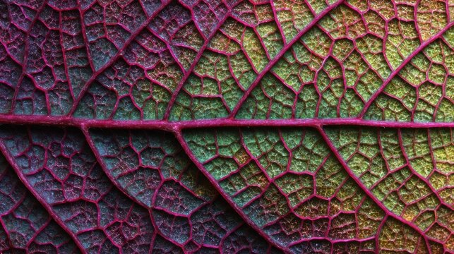 Vein of Life: A macro image of an intricately detailed leaf showcases a vibrant tapestry of colors and textures, a mesmerizing close-up capturing the delicate beauty of nature's artistry.