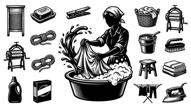 Black and White Line Art of Laundry and Washing Tools
