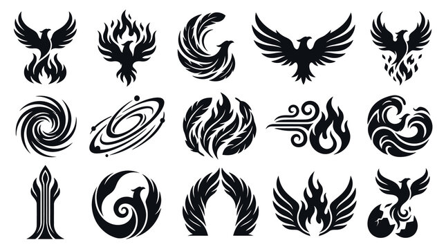 Mythology  Spiritual Phoenix Glyph Vector Icons - Rebirth, Fire, Water, Wind, Galaxy Symbols Set