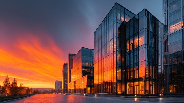 Modern office building exterior view sunset glass windows reflecting orange sky urban business district architecture professional landscape scene