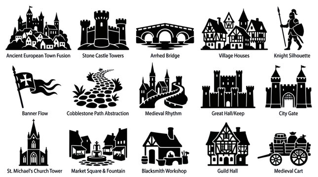 Historical Medieval Architecture  Town Elements Vector Glyph Icons Set
