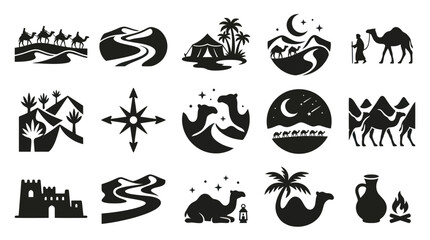 Fototapeta premium Arabian Desert Travel Glyph Icons Set with Camels, Dunes, Oasis, and Moon