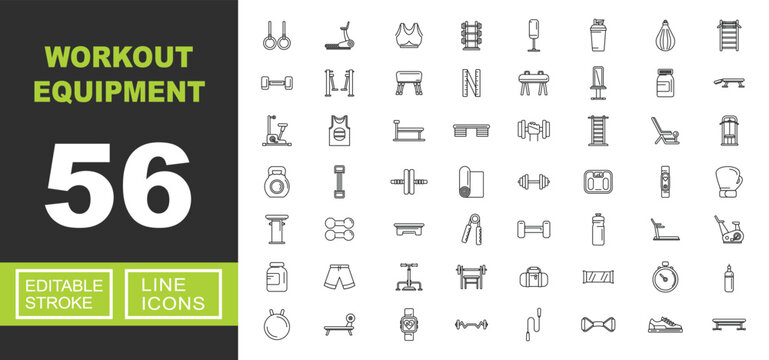 Workout Equipment line icon set. Vector pictograms of rings, treadmill, sportsbra, ladder, punchbag, shaker, speedbag, wallbar, dumbbell, cable, pommel, bench, weights, scale. Editable stroke.
