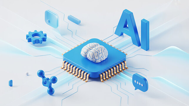 3D isometric illustration of artificial intelligence, a futuristic concept with a brain-shaped chip and AI lettering symbolizing advanced technology and innovation
