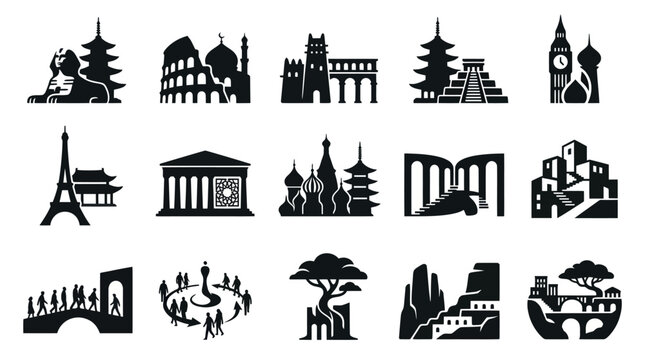 World Travel Landmarks Silhouette Icons - Global Architecture, Culture  Historic Destinations Vector Glyphs