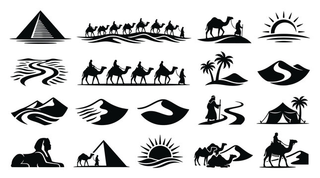Egypt Desert Travel Icons Set - Pyramids, Camels, Dunes, Sphinx Black  White Glyphs