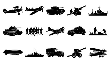 Fototapeta premium Black and White Silhouettes of Military Vehicles and Aircraft