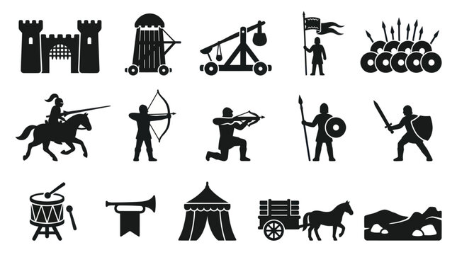 Medieval Warfare Icons Set: Castle, Knights, Siege Weapons, Symbols