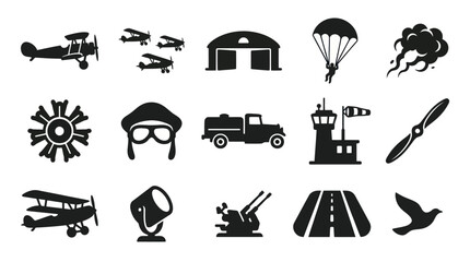 Fototapeta premium Aviation and Military Glyph Icons Set: Aircraft, Airport, Pilot Air Force Symbols