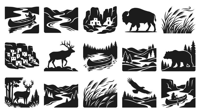 Wilderness Nature Icons Set: Outdoor Animals, Landscapes, Canoe  Pueblo Silhouettes