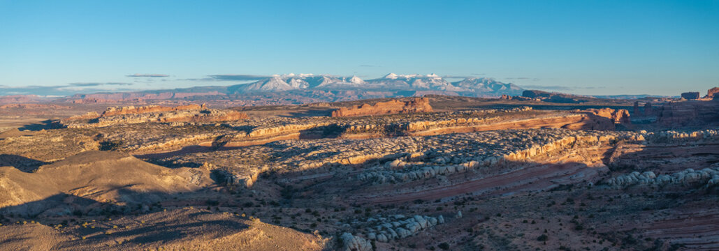 Aerial view of vast desert canyons and red rock formations with snow-capped mountains under a clear blue sky in Utah, USA.
