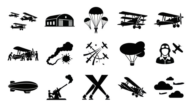 Early Aviation  Air Warfare Black and White Glyph Icons Set - Military Aircraft  Pilots