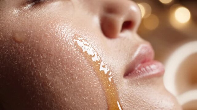 Macro shot of glowing freckled skin as a hydrating oil serum drips down a face in warm light.