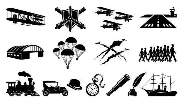 Vintage Transportation and Aviation Icons - Black and White Glyph Art