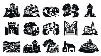 Obraz premium Medieval History Architecture Silhouette Glyphs. Castles, Villages, Buildings, Landmarks Icons