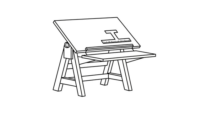 Drafting table with ruler and T-square, line art illustration.