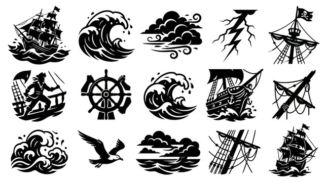 Nautical Icons: Pirate Ships, Waves, Clouds, Lightning, Ship's Wheel, Bird, Black  White