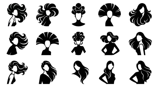 Diverse Women's Hairstyles Black Silhouette Vector Icons Set - Beauty Salon Fashion Glyphs