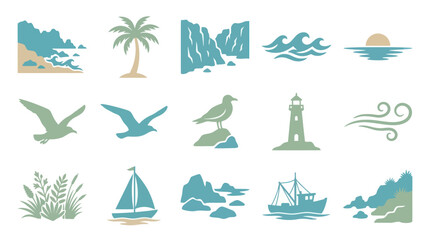 Obraz premium Flat Vector Marine Coastal Icons Set with Ocean, Beach, Travel and Nature Symbols