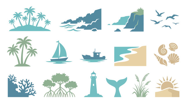 Ocean  Coastal Flat Vector Icon Set - Marine Nature Travel Elements  Silhouettes