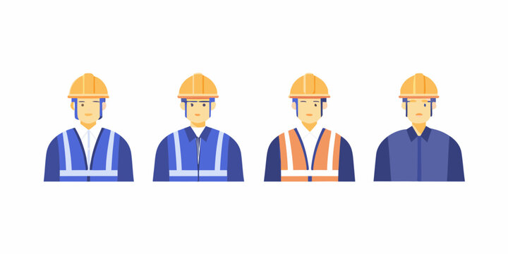 Construction workers icons with safety vests and helmets flat vector illustration