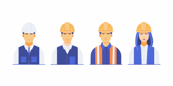 Construction workers avatars with safety helmets flat vector illustration