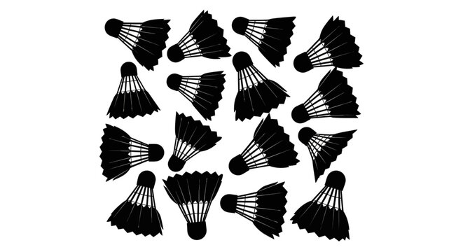 Collection of black badminton shuttlecocks scattered across a clean white background illustrating a dynamic sports concept with a minimalist aesthetic and clear visual focus