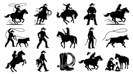 Fototapeta premium Western Cowboy Silhouettes Set: Riders, Lassoing, Rodeo Ranching Activities, Black Vector Art