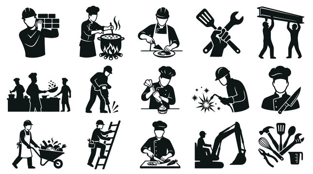 Black and White Icons of Workers in Construction, Cooking, and Mechanics Industries