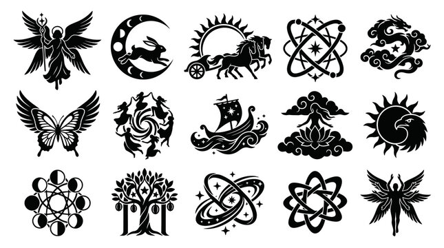 Mythological Esoteric Nature Spiritual Symbols Black Silhouette Vector Set