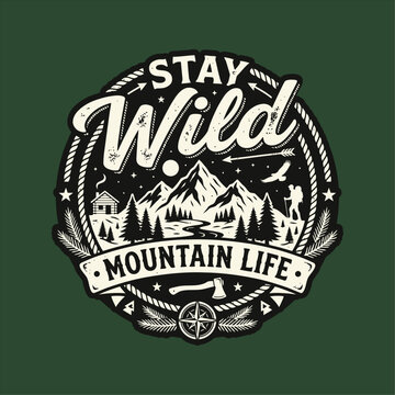Vintage Mountain Life Adventure Illustration with Camping Tent and Campfire Scene Vector