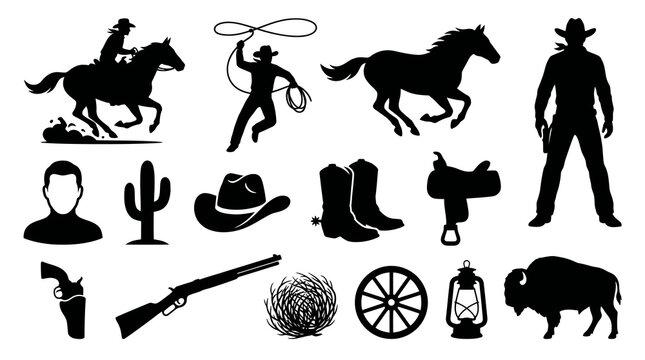 Western Cowboy Silhouettes Set - Wild West Frontier Icons  Elements