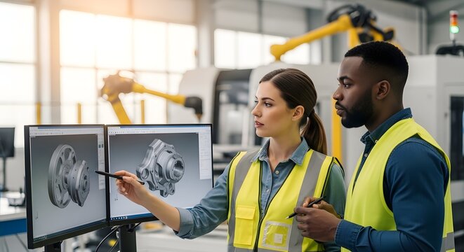 Engineers reviewing mechanical parts on computer in factory