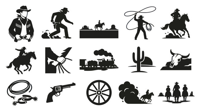 Western Cowboy Glyph Icons Set - Wild West Silhouettes and Frontier Symbols Vector