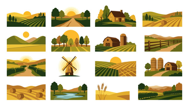 Flat Vector Farm Landscapes: Rural Agriculture Scenes with Buildings and Fields
