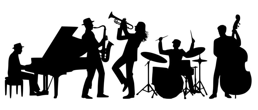 Dynamic black silhouette of a 5-piece jazz band performing. Group includes pianist, saxophonist, trumpeter, drummer, and double bassist in active poses. Elegant vector illustration for music