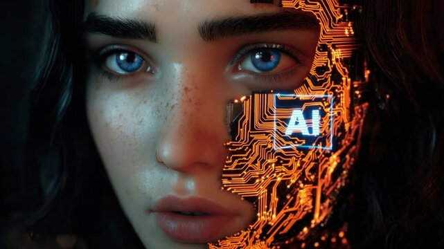 Woman with digital face representing artificial intelligence concept
