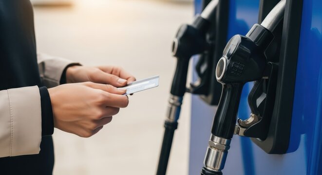 Person holding credit card for payment at gas station with fuel pump