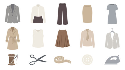Fototapeta premium Flat Icons Set of Women's Business Fashion and Sewing Tools