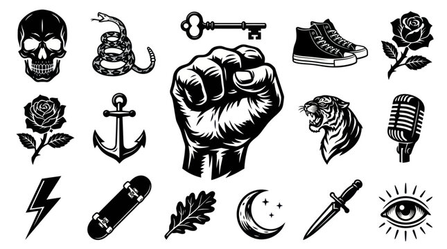 Black and White Vector Icons: Skull, Rose, Anchor, Fist, Tiger, Microphone, Knife, Eye