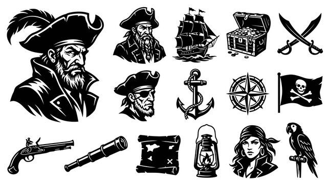 Pirate Icons Set Black and White Line Art Vector Graphics