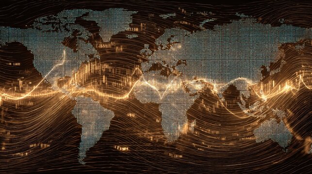 Global Economic Flow Visualization: A dynamic and intricate depiction of the world map, interlaced with luminous lines that symbolize the flow of economic activity.