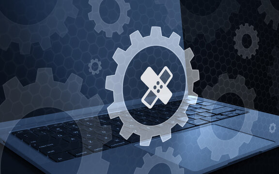 3D render of a laptop keyboard with a gear icon and a bandage symbol overlay, representing system updates, software patching, technical maintenance, and digital repair.