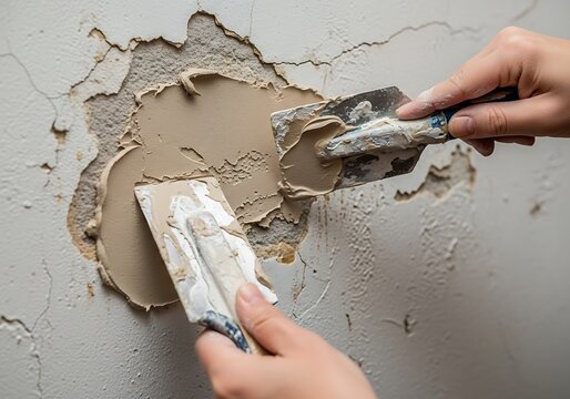 Hand applying plaster filler to cracked wall during home renovation