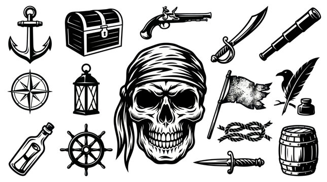 Pirate  Maritime Adventure Icons Set - Detailed Black  White Line Art Illustration