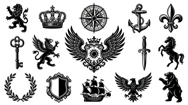 Set of Heraldic Symbols, Crests, and Emblems in Black and White Line Art
