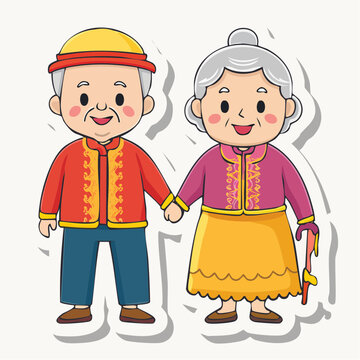 Happy elderly couple holding hands, cartoon style