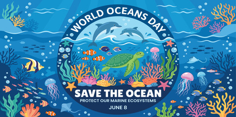 This is a beautiful, educational poster design for World Oceans Day, featuring a circular frame that highlights key marine species like sea turtles and dolphins against a lush coral reef background. © MDRIFAT