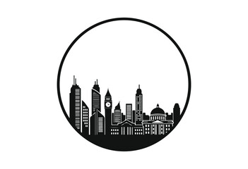 Obraz premium Vector illustration of city circle skyline, new york city circle skyline silhouette, city circle building silhouette.